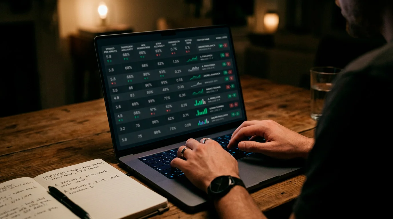 Close-up of a laptop screen showing UFC fighter performance statistics and metrics