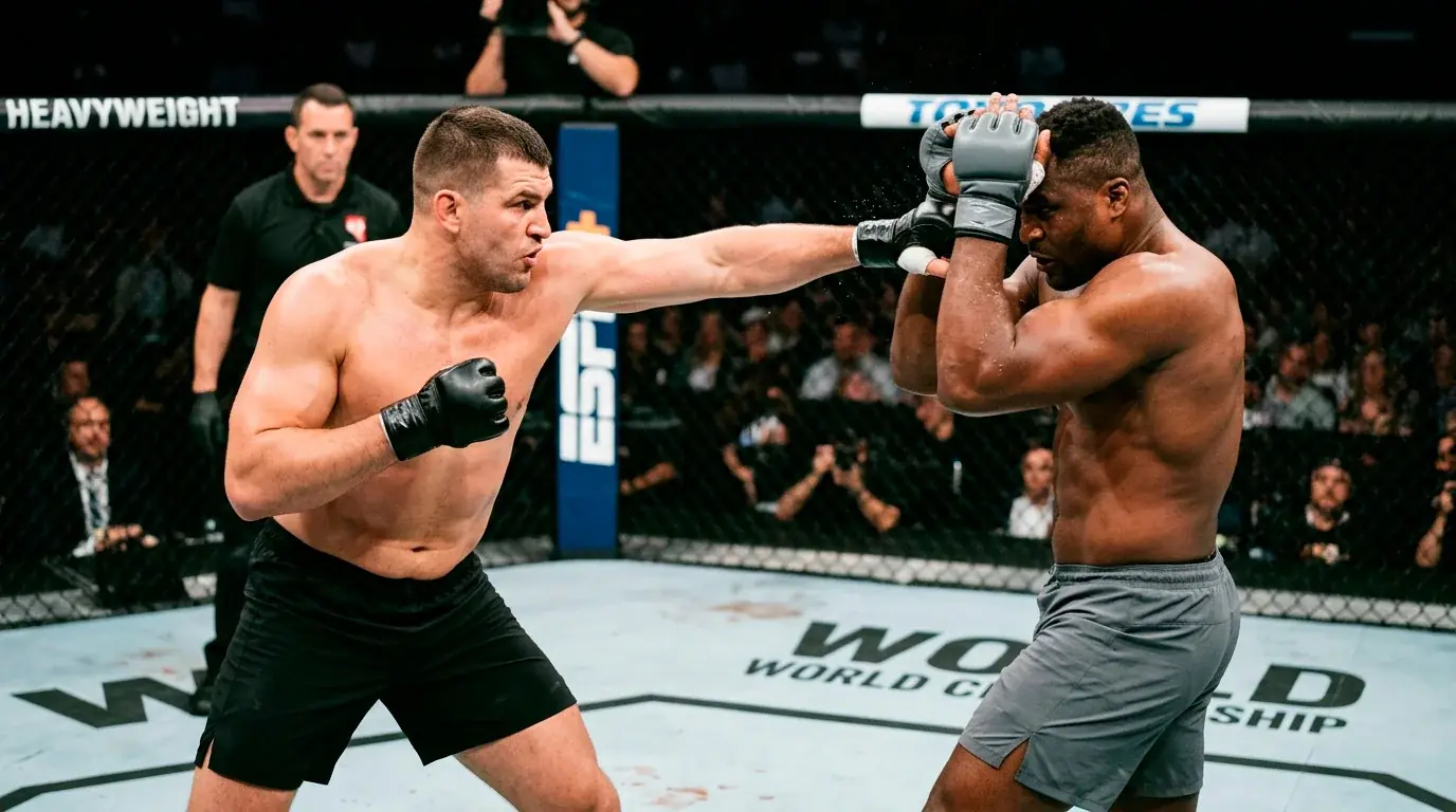 Two MMA heavyweight fighters exchanging strikes inside the UFC octagon